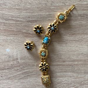 Gold & Blue Clasp Necklace w/ Clip on earrings